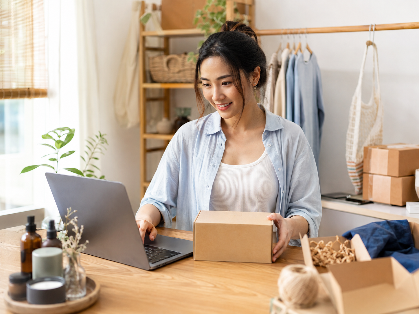 Business owner preparing a customer order beside her laptop