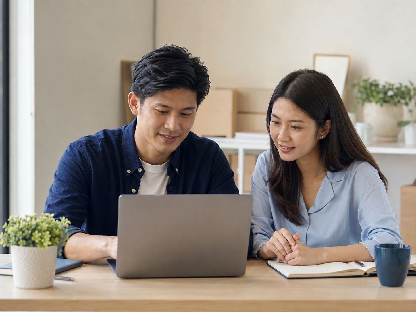 Two business owners reviewing customer information together on a laptop