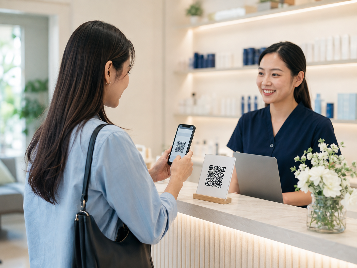 Customer scanning a QR code at a reception counter